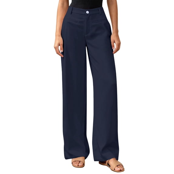 Women Wide Leg Pants High Waisted Spring Business Casual Outfits Trousers Palazzo Pants Pockets Navy Blue S