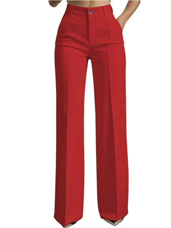 Women Wide Leg Pants Summer High Waisted Business Casual Work Dress Pants Trousers Slacks Red S