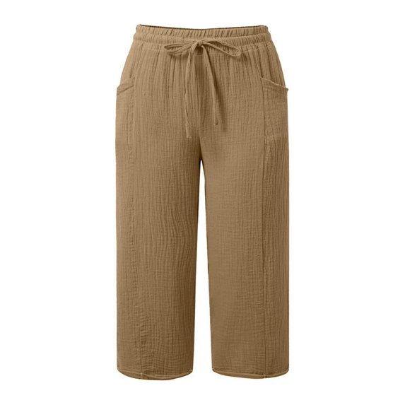 Women Wide Leg Pants Summer High Waisted Pants Drawstring Casual Trousers with Pockets Khaki 4XL