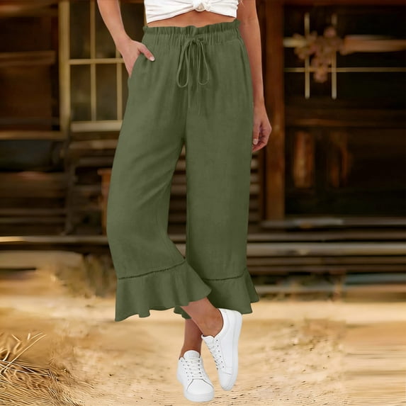 Women Wide Leg Ruffle Capris Summer Casual Solid Color Drawstring Elastic Waist Cropped Pants with Pockets Green XL