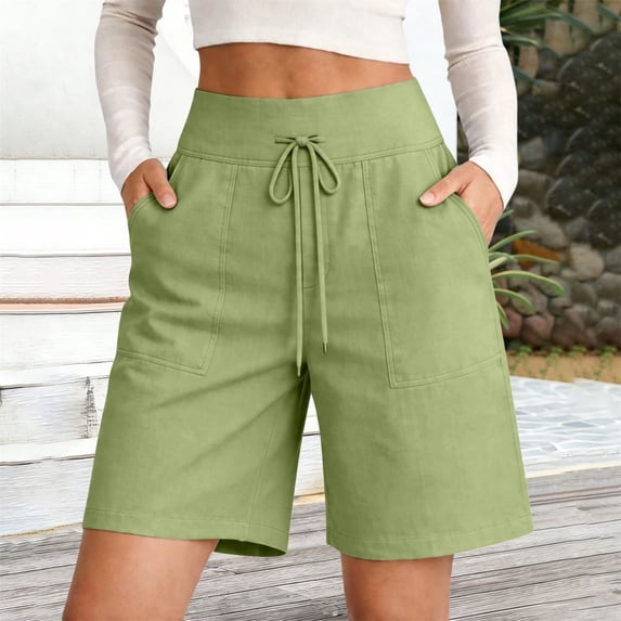 Women Wide Leg Shorts High Waist Wide Leg Pocket Summer Vacation Linen Hiking Shorts Women Mint Green