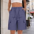 thumbnail image 1 of Women Wide Leg Shorts Loose Knee‑Length Linen Button Fly Multi‑Pocket Hiking Shorts Navy, 1 of 5