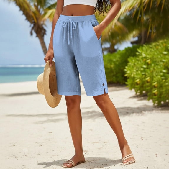 Women Wide Leg Shorts Relaxed Fit Elastic Waist Split Cotton Linen Vacation Hiking Shorts Women Sky Blue