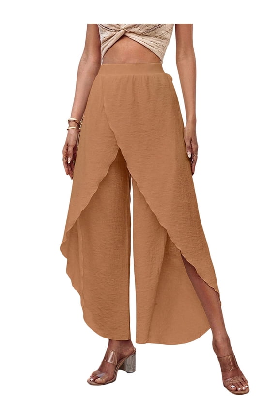 Women Wide Leg Split Pants Boho Loose Palazzo with Elastic Waist Drawstring Beach Vacation Pants Camel Color L