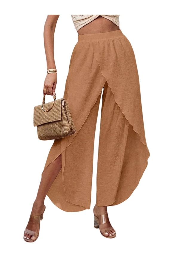 Women Wide Leg Split Pants Boho Loose Palazzo with Elastic Waist Drawstring Beach Vacation Pants Camel Color M