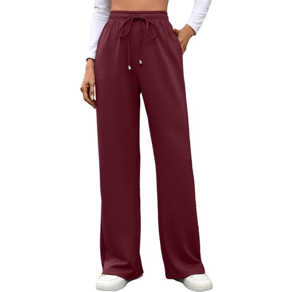 Women Wide Leg Sweatpants, Drawstring Elastic Waist Casual Lounge Workout Pants with Pockets(Wine,XL)