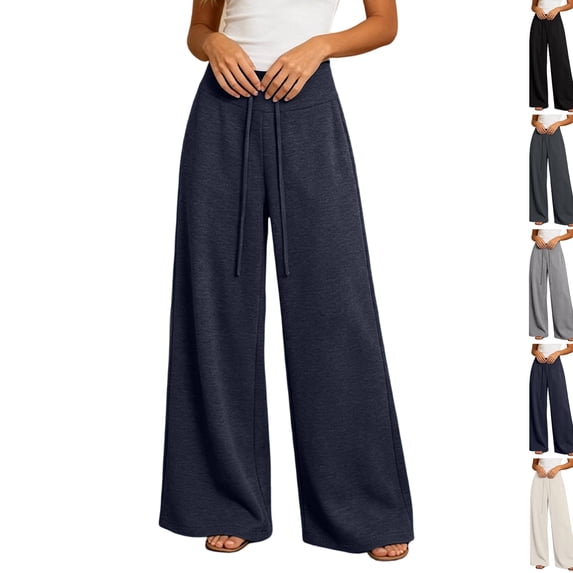 Women Wide Leg Sweatpants High Waist Drawstring Loose Fit Flowy Casual Fashion Lounge Pants with Pockets Navy XL
