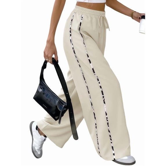 Women Wide Leg Sweatpants High Waisted Baggy Sweat Pants Active Striped Track Pants with Pockets Cream White XXL