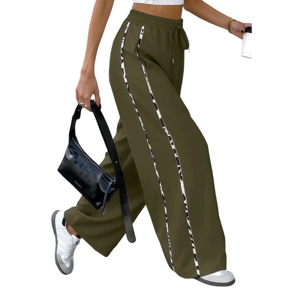 Women Wide Leg Sweatpants High Waisted Baggy Sweat Pants Active Striped Track Pants with Pockets Green L