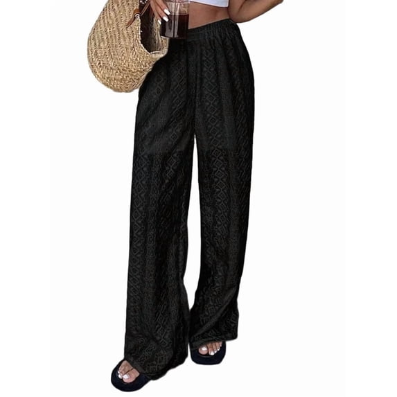 Women Wide Leg Trousers Embroidered Lace Eyelet Baggy Pants Dressy Trendy Beach Palazzo Pants Black XXL