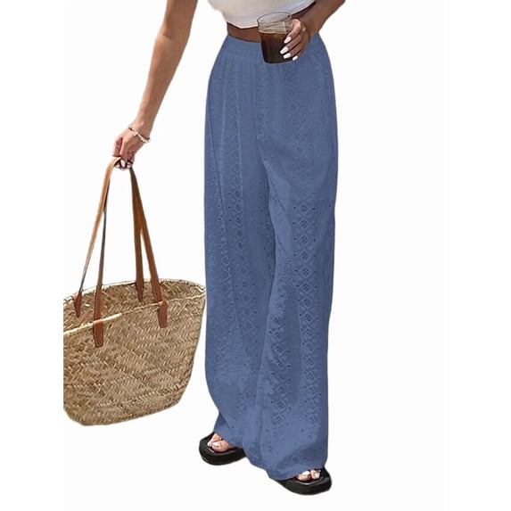 Women Wide Leg Trousers Embroidered Lace Eyelet Baggy Pants Dressy Trendy Beach Palazzo Pants