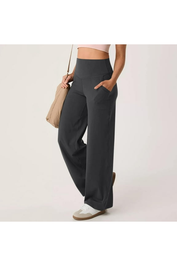 Women Wide Leg Yoga Pants With Pockets Stretch Straight Leg Dress Pant Tummy Flare Leggings Athletic Pant