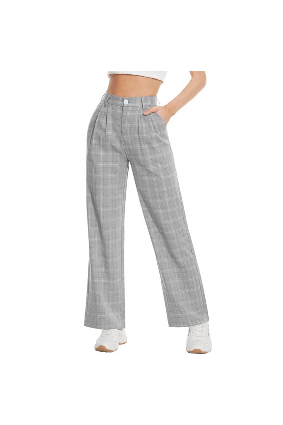 Women Wide Legs Pants Regular Waist Pleated Trim Loose Fitting Long Suit Pants with Side Pockets Grey Grid XS