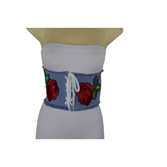 Women Wide Light Blue Denim High Waist Corset Belt Red Rose Flower M