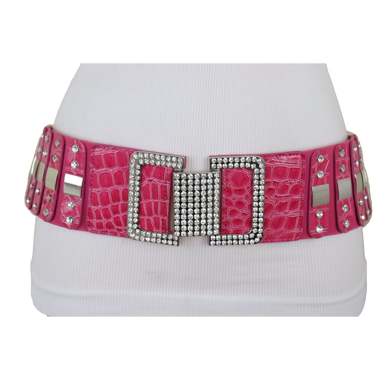 Women Wide Pink Belt Silver Square Metal Buckle M L 