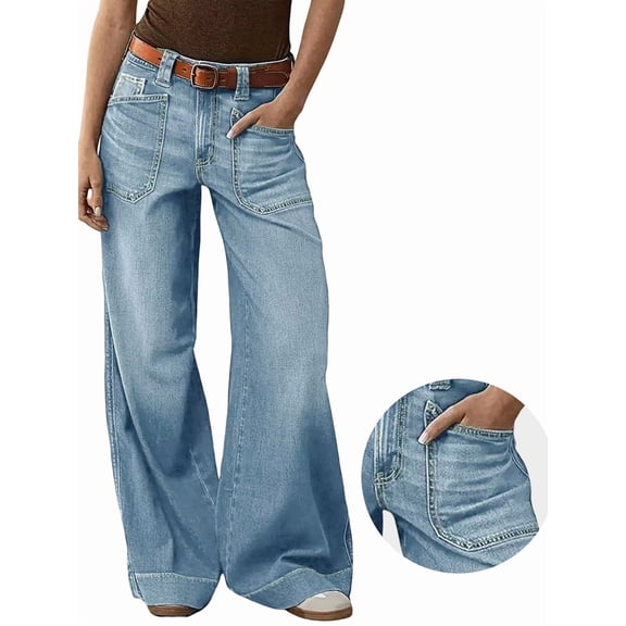 Women Wide Straight Leg Mid Rise Baggy Pocket Denim Jeans Without Belt XL