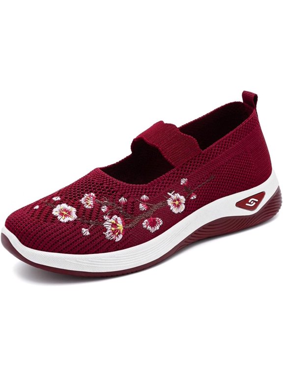 Women Wide Width Floral Embroidery Slip On Walking Sneakers, Breathable Fly-Knit Lightweight Casual Trainers, Cushioned Non-Slip Rubber Sole Daily Comfort Shoes for Work & Outdoor Daily Wear