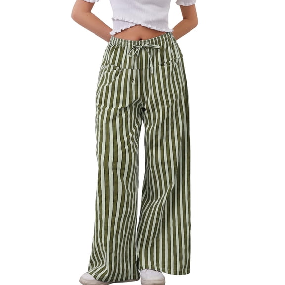 Women Wide-leg Pants Women Pants Drawstring Elastic Waist Loose Wide Leg Contrast Color Stripe Printing Low Waist with Pockets Vacation Beach Trousers