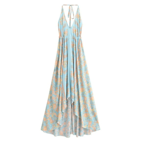 Women Wild Floral Print Backless Sexy Beach Bohemian Maxi Dress Lady High-Low Tassel Strapless Vacation Boho Dress