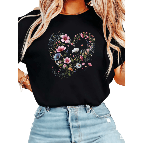 Women Wildflower Heart Bouquet Graphic Tees T Shirt Tops Round neck Printed Cotton T Shirt Black S-5XL