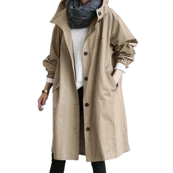 Women Windbreaker Hooded Button-down Loose Pure Color Coat Long Sleeves Knee Length with Pockets Tight Waist Windproof Lady Jacket