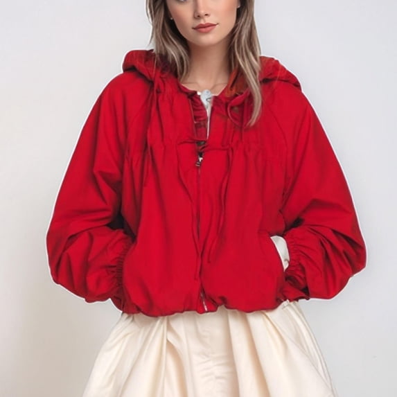 Women Windbreaker Jacket Lightweight Gathered Hooded Jacket Drawstring Hem Varsity Jacket with Pockets S