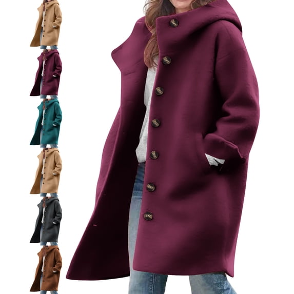 Women Windproof Hooded Coat, Mid-Length Single Breasted Button Down Oversized Loose Wind Resistant Winter Outerwear With Side Pockets
