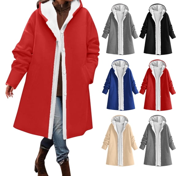 Women Windproof Hooded Mid-Length Coat,Fleece Lined Open Front Button Jacket,Oversized Loose Warm Solid Outerwear with Side Pockets