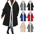 thumbnail image 1 of Women Windproof Hooded Mid-Length Coat,Fleece Lined Open Front Button Jacket,Oversized Loose Warm Solid Outerwear with Side Pockets, 1 of 6