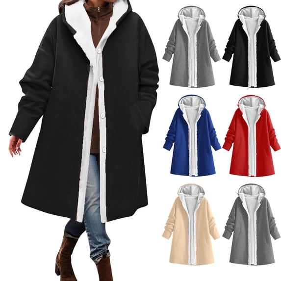 Women Windproof Hooded Mid-Length Coat,Fleece Lined Open Front Button Jacket,Oversized Loose Warm Solid Outerwear with Side Pockets