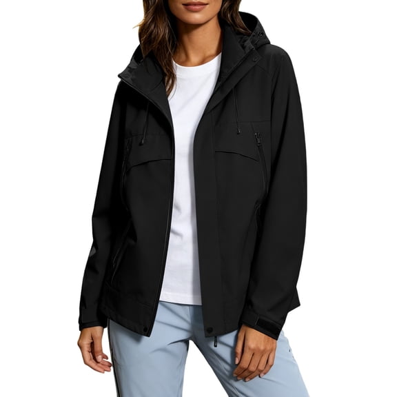 Women Windproof Waterproof Hooded Rain Jacket, Lightweight Outdoor Windbreaker Coat for Hiking Travel Casual Workwear, Spring Autumn Outerwear Black XXXXL(XXXXL)