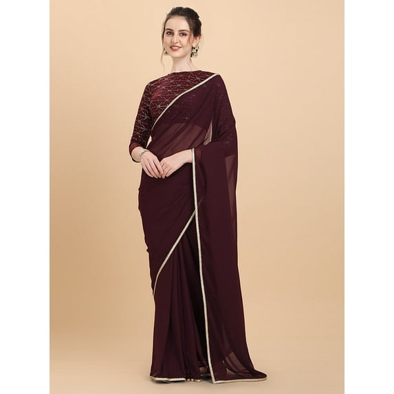 Women Wine Embroidered Georgette Saree with Net Blouse Piece - 18340912