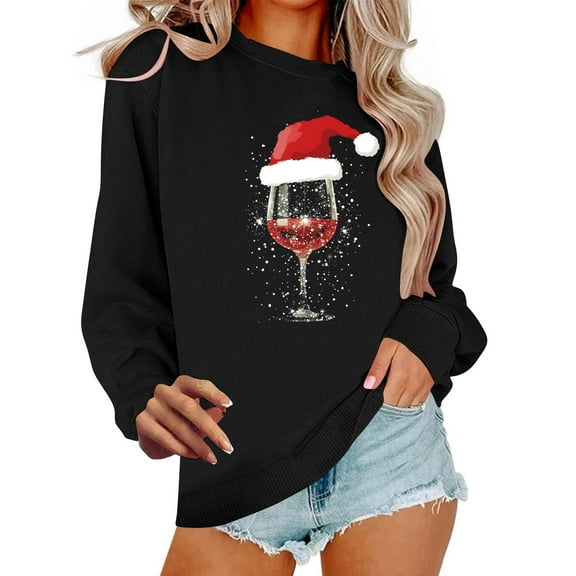Women Wine Glass Sweatshirt Merry Christmas Clothing Christmas Hat Shirts Round Neck Pullover Festival Sweatshirt Fashion Outfits Fall Winter Garments
