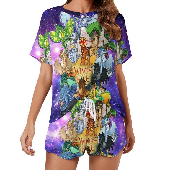 Women Wings Dragon Fire Summer Pajamas Set Loungewear Sleepwear Short Sleeve Shirt With Shorts