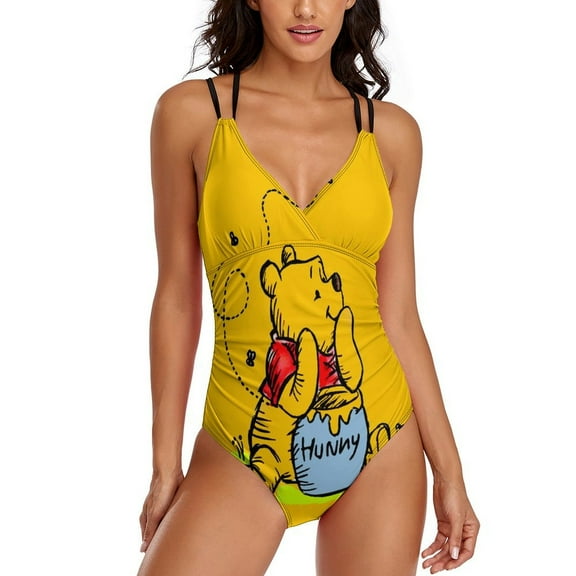 Women Winnie The Poo One Piece Swimsuit Tummy Control V Neck Crisscross Back Bathing Suit