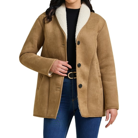 INSPIRE CHIC Women's Coat Suede Button Down Notched Lapel Fleece Jacket Winter Coats with Pockets M Brown