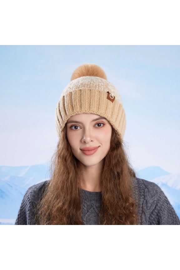 Women Winter Beanie Fleece Lined Hat Faux Fur Pom Y2K Fair Isle Pattern Soft Warm Knit Ski Cap Christmas Accessories