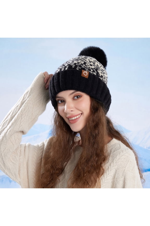 Women Winter Beanie Fleece Lined Hat Faux Fur Pom Y2K Fair Isle Pattern Soft Warm Knit Ski Cap Christmas Accessories