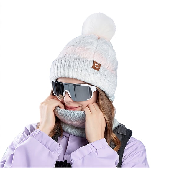 Women Winter Beanie Hat Circle Scarf Set Pompoms Peruvian Ski Snow Ear Flaps Sherpa Knit Hats Fleece Lined Gradient Color Knitted Wool Hat Fashionable All-match Pullover Hat