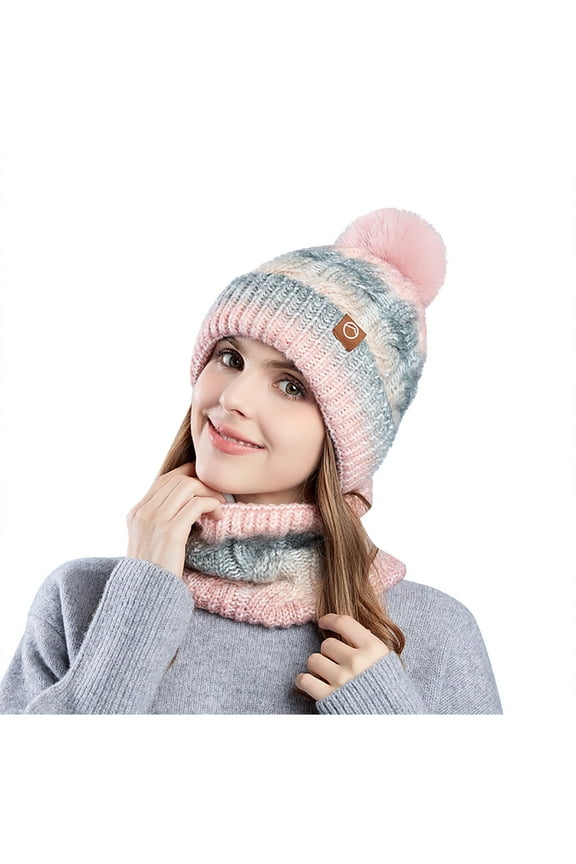Women Winter Beanie Hat Circle Scarf Set Pompoms Peruvian Ski Snow Ear Flaps Sherpa Knit Hats Fleece Lined Gradient Color Knitted Wool Hat Fashionable All-match Pullover Hat