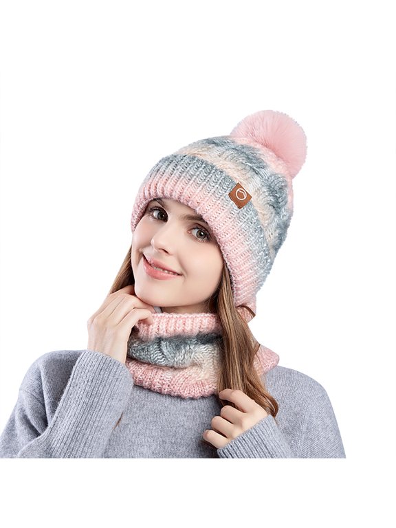 Women Winter Beanie Hat Circle Scarf Set Pompoms Peruvian Ski Snow Ear Flaps Sherpa Knit Hats Fleece Lined Gradient Color Knitted Wool Hat Fashionable All-match Pullover Hat