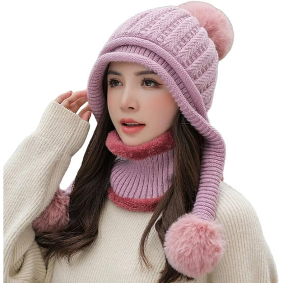 Women Winter Beanie Hat Circle Scarf Set Pompoms Peruvian Ski Snow Ear Flaps Sherpa Knit Hats Fleece Lined