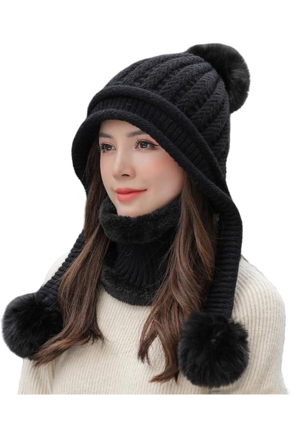 Women Winter Beanie Hat Circle Scarf Set Pompoms Peruvian Ski Snow Ear Flaps Sherpa Knit Hats Fleece Lined