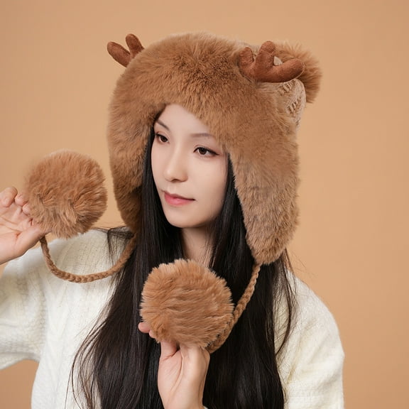 Women Winter Beanie Hat, Ear Flap Knit Warm Slouchy Fleece Lined Pompoms Cap, Sherpa Fluffy Ski Snow Hats