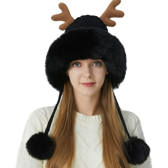 Women Winter Beanie Hat, Ear Flap Knit Warm Slouchy Fleece Lined Pompoms Cap, Sherpa Fluffy Ski Snow Hats