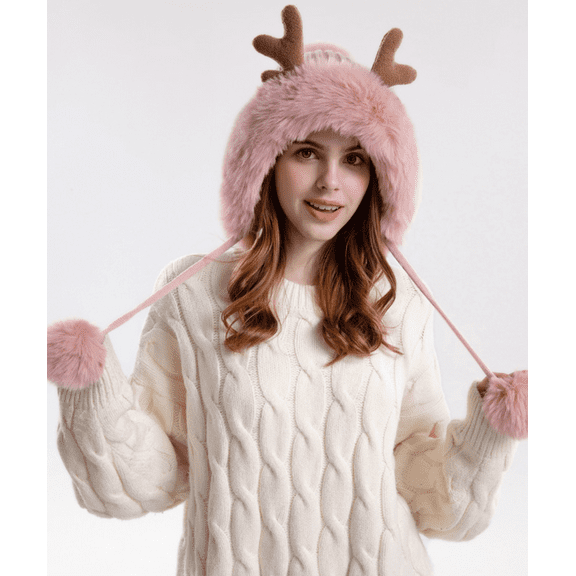 Women Winter Beanie Hat, Ear Flap Knit Warm Slouchy Fleece Lined Pompoms Cap, Sherpa Fluffy Ski Snow Hats