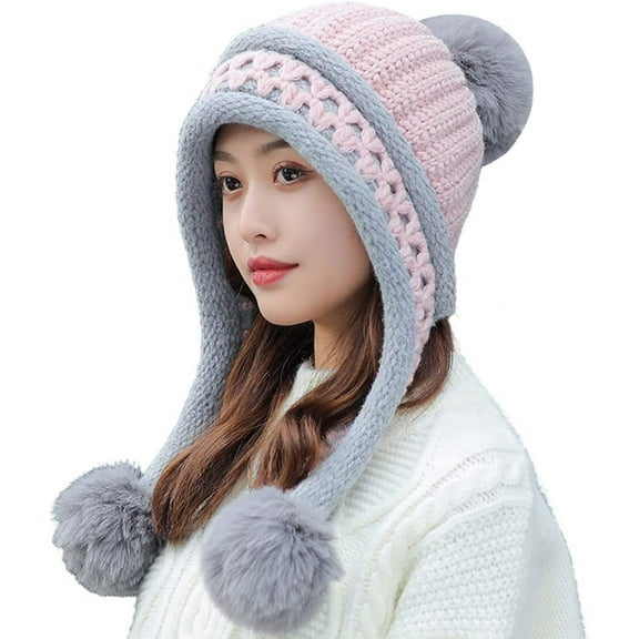 Women Winter Beanie Hat Earflap Peruvian Warm Slouchy Fleece Lined 3 Pom Poms Knit Sherpa Soft Ski Hats