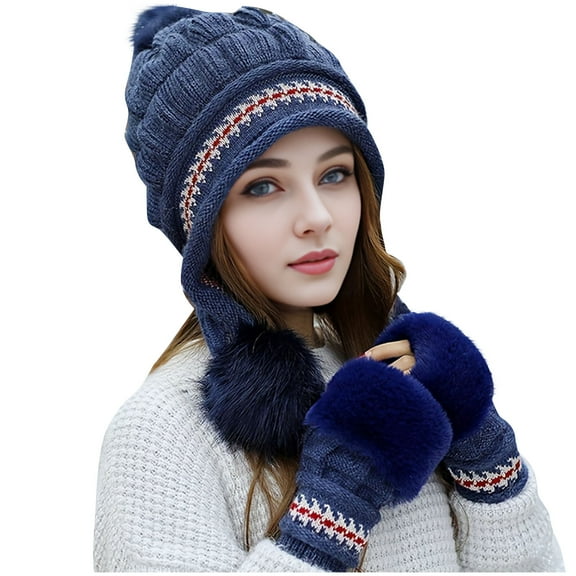 Women Winter Beanie Hat Gloves Set Pompoms Ski Snow Ear Flaps Sherpa Cable Knit Hats Warmer Mitten Set