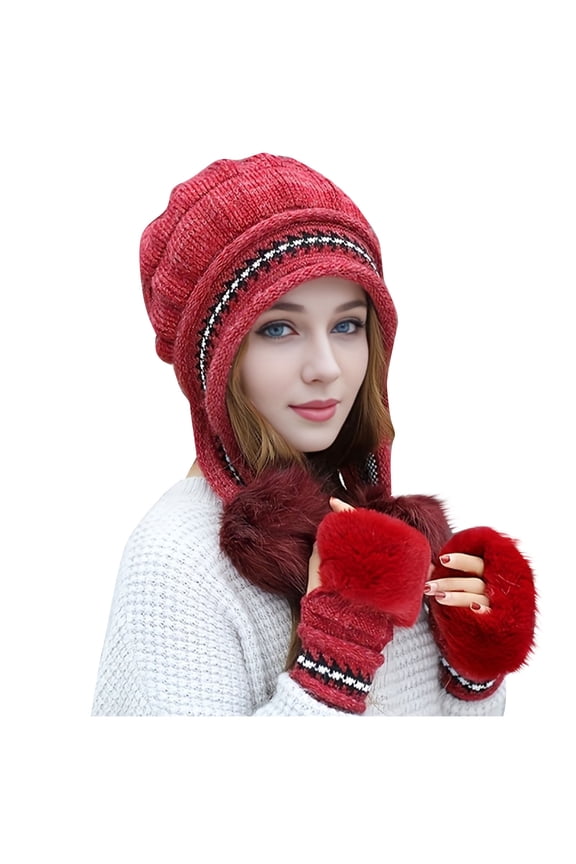 Women Winter Beanie Hat Gloves Set Pompoms Ski Snow Ear Flaps Sherpa Cable Knit Hats Warmer Mitten Set