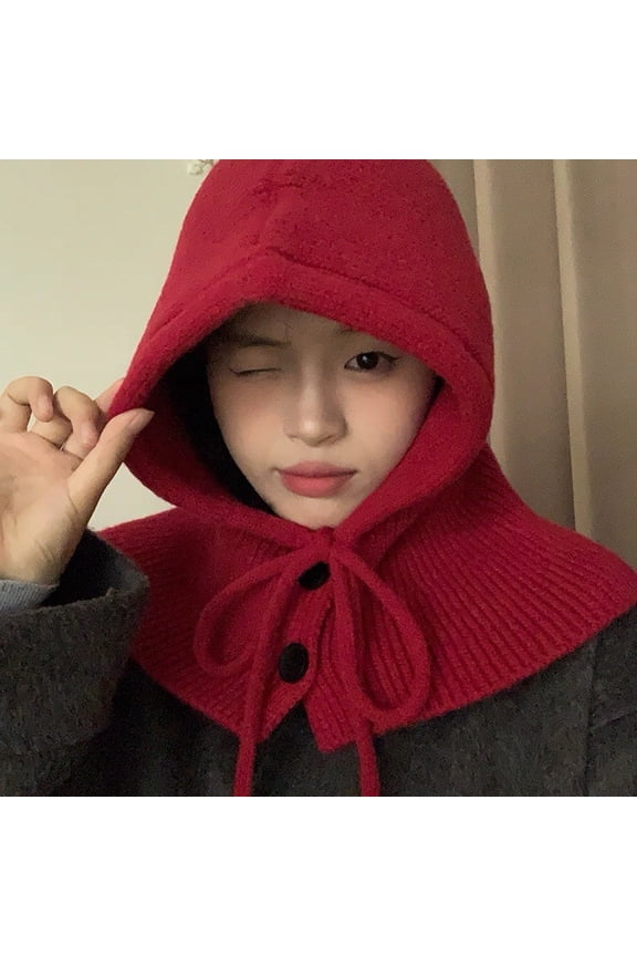Women Winter Beanie Hat Knit Skull Cap Neck Gaiters Hooded Scarf Hats-Wine Red-Wool Blend Hooded Scarf Hat for Women Knit
